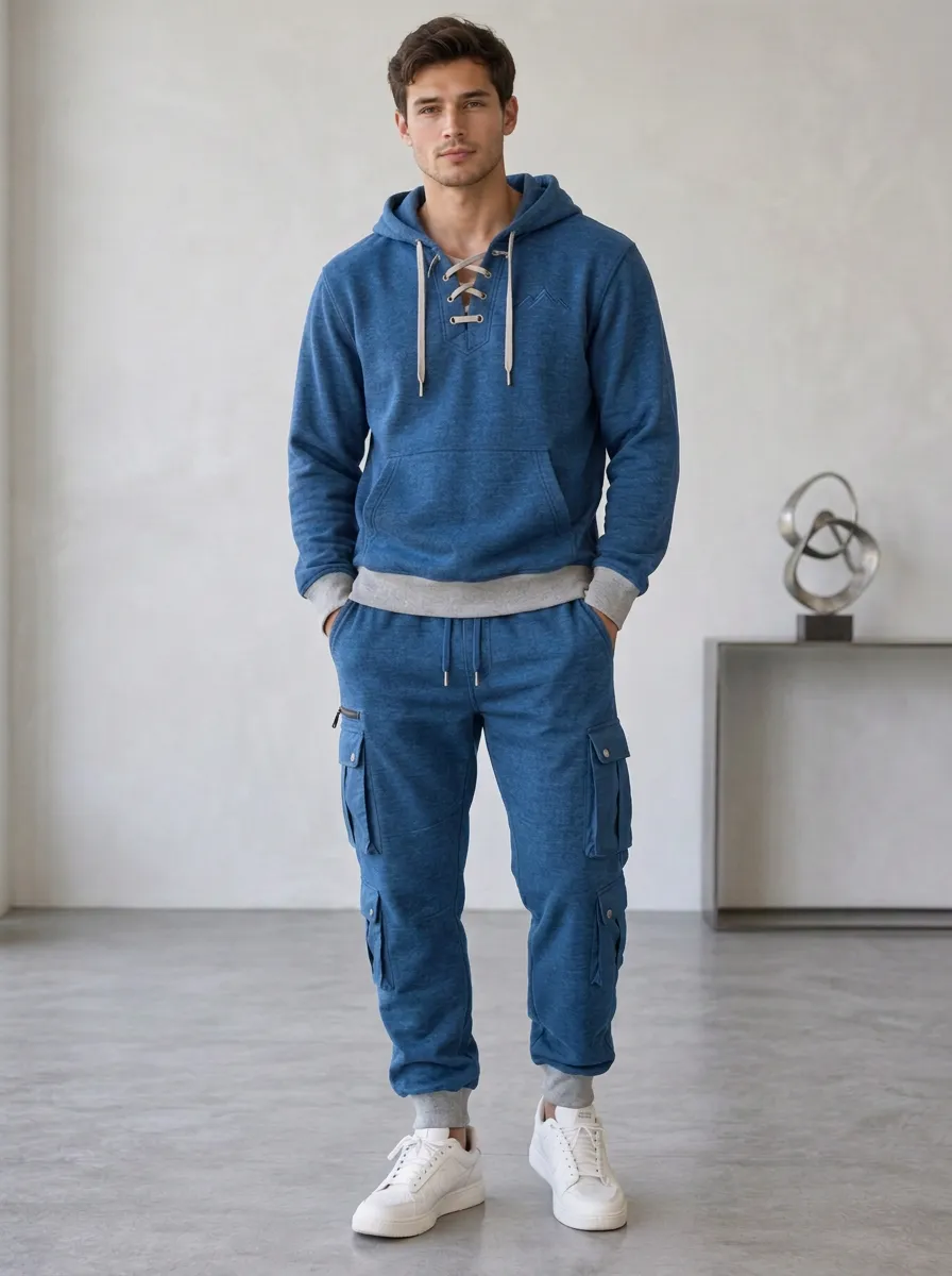 Resort-Inspired Lace-Up Mountain Graphic Edit Men's Lace Up Hoodie And Cargo Jogger Set