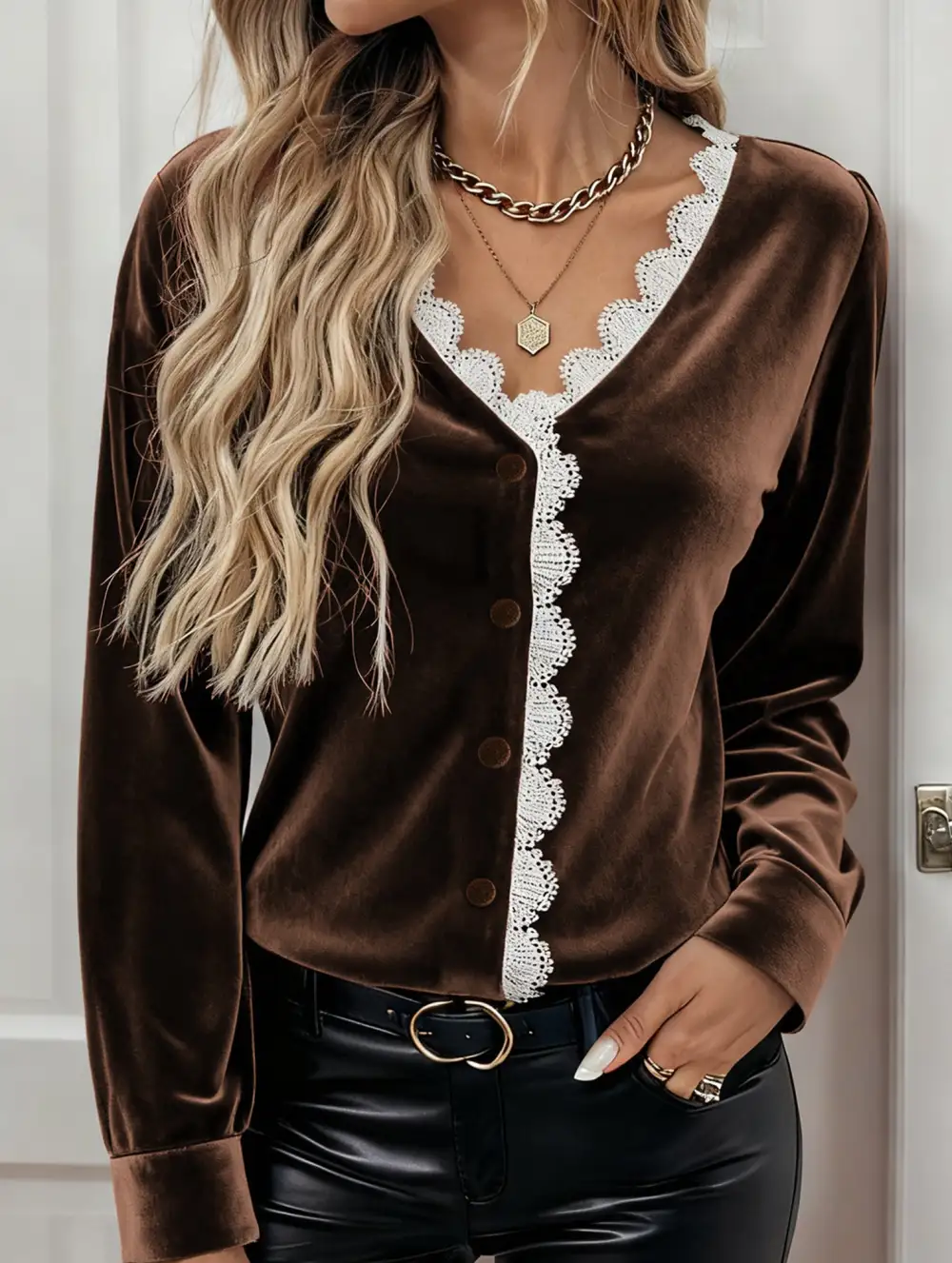 Retro V Neck Lace Trimmed Velvet Top