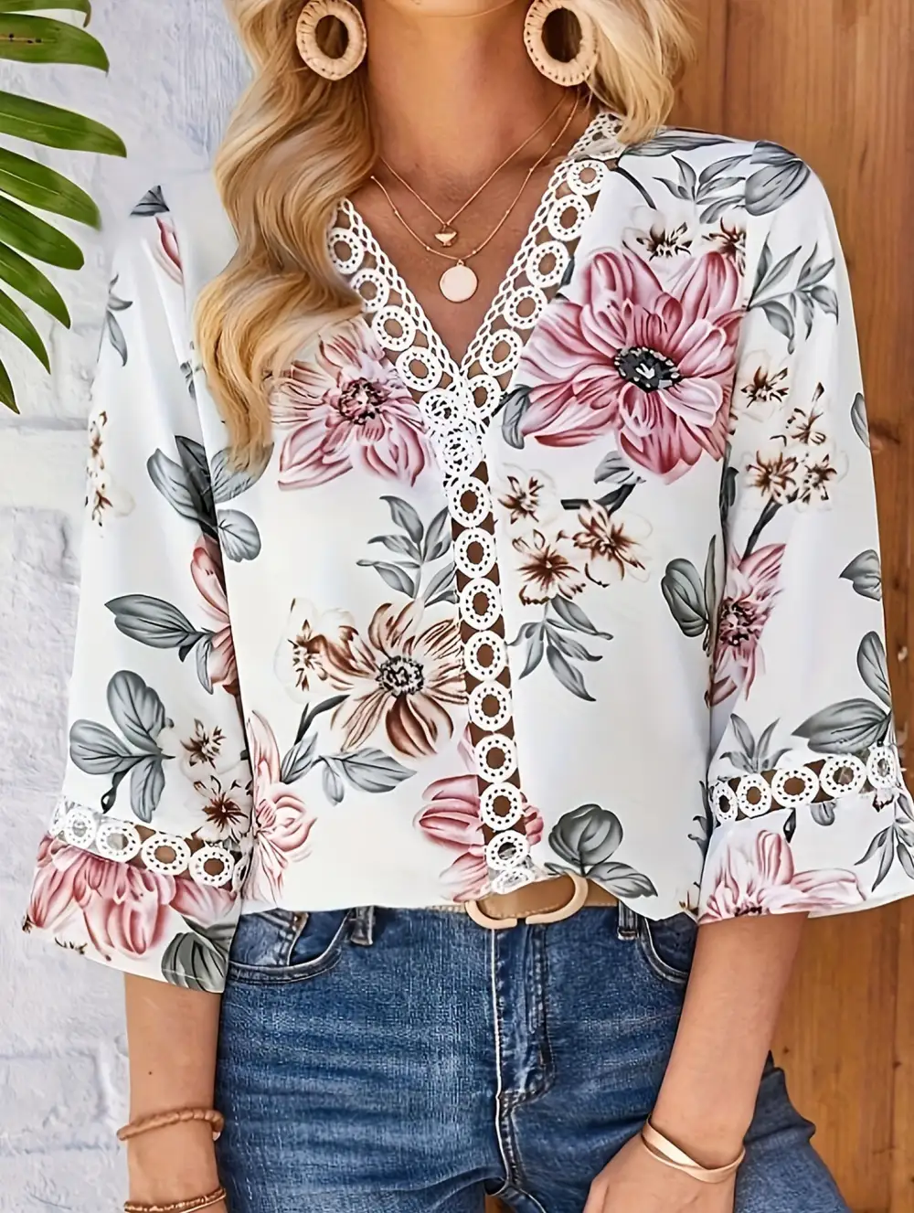 V-Neck Lace Flare Sleeve Top