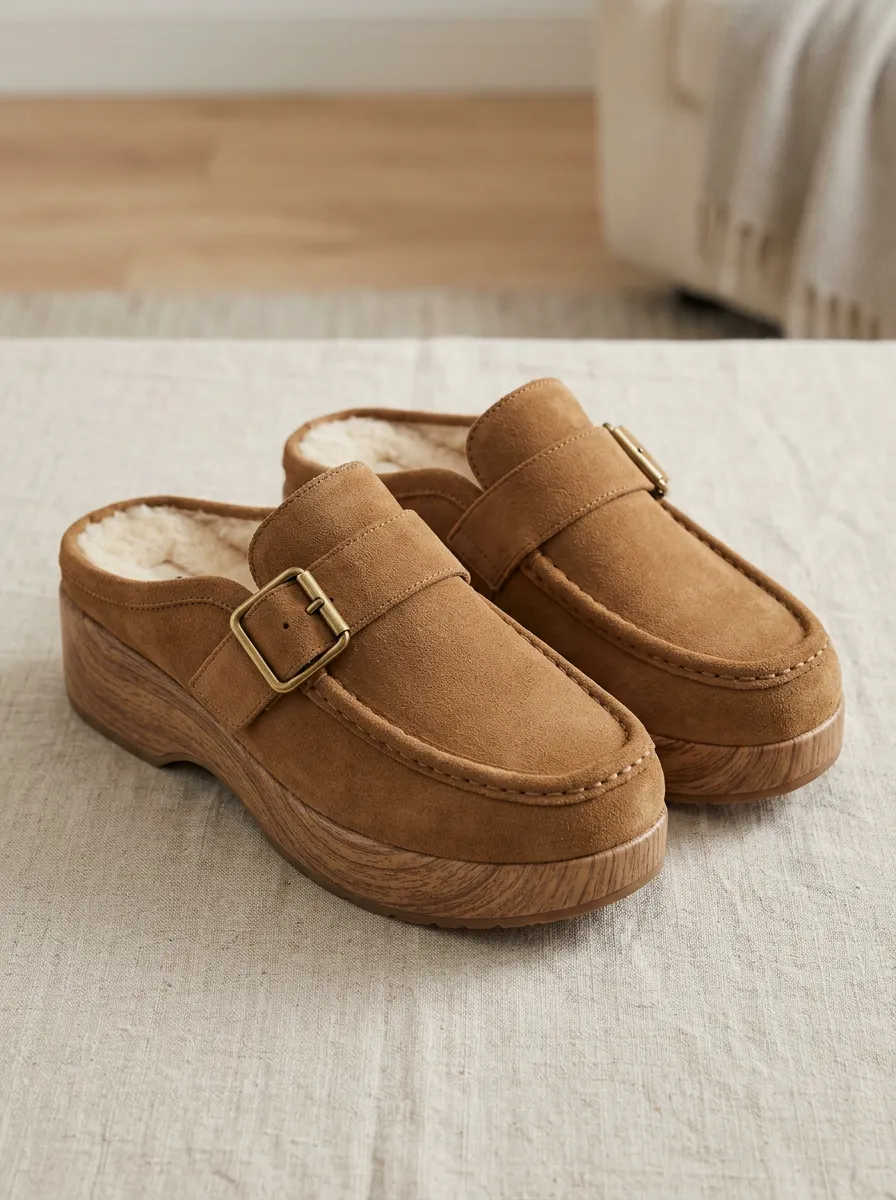 Women's Classic Faux Fur Lined Buckle Detail Platform Casual Suede Wood Sole Loafers