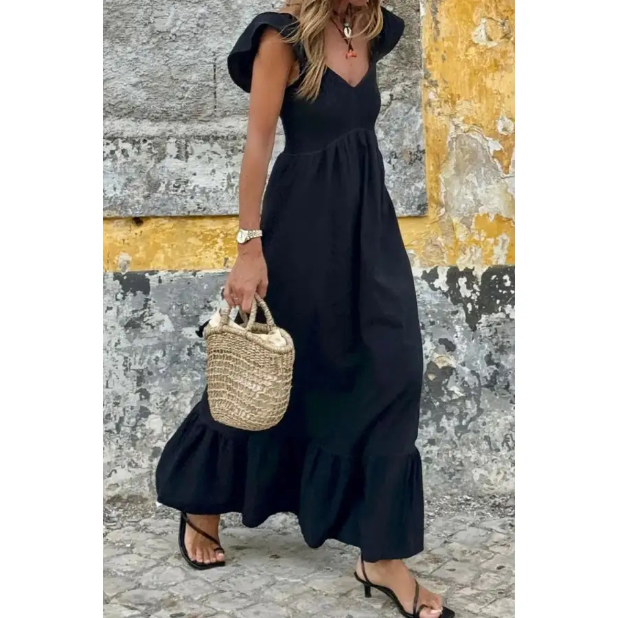 V Neck Ruffled Cap Sleeve Smocked Maxi Dress