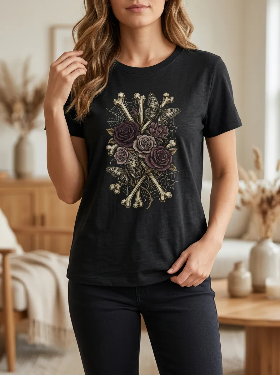 Women's Halloween Gothic Rose Butterfly Bone Printed T-shirt