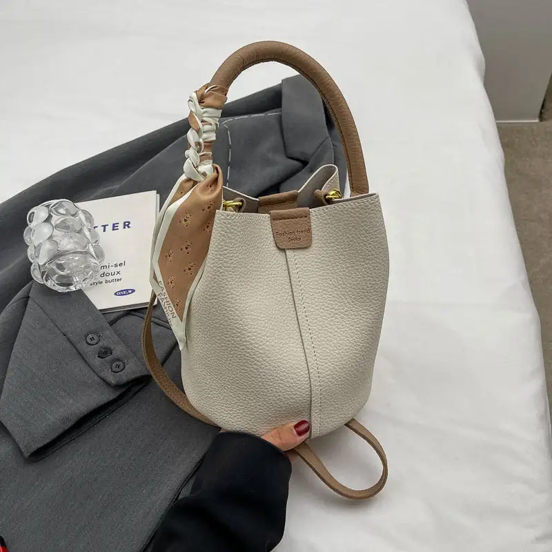 Compact Faux Leather Textured Bucket Bag