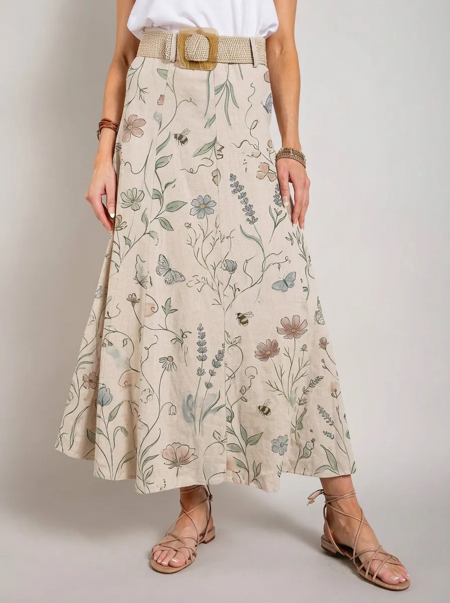 Women's Botanical Bee Butterfly Floral Printed Midi Skirt