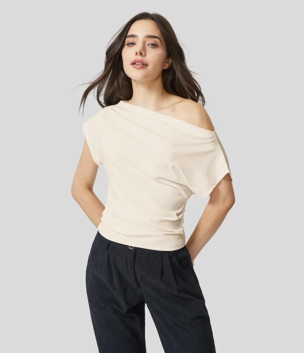 Off Shoulder Short Sleeve Ruched Casual Cotton Top