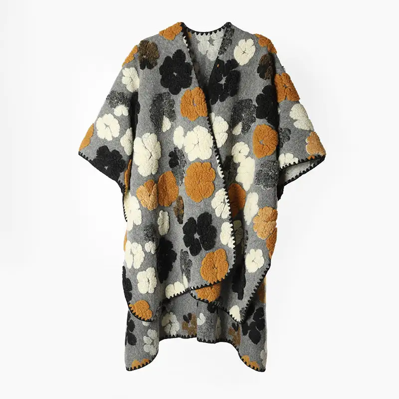 Jacquard Floral Fringed Poncho Wrap