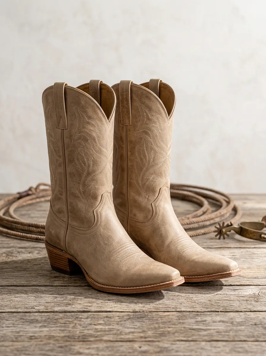 Unisex Western Cowboy Embroidered Tan Faux Leather Boots