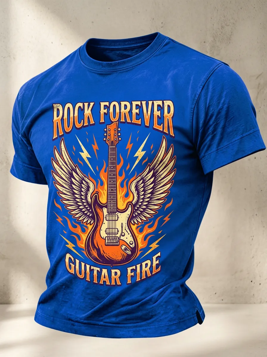 Unisex Rock Music Lover Winged Guitar Fire Printed T-shirt