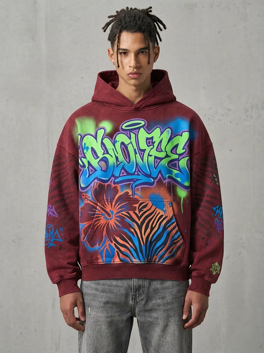 Unisex Streetwear Graffiti Hibiscus Zebra Graphic Hoodie