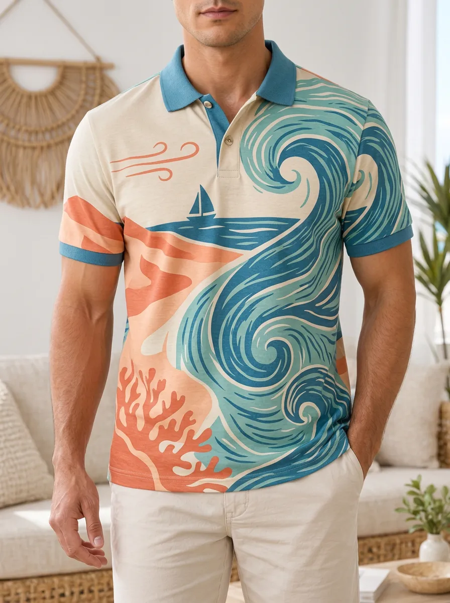 Men's Beach Lover Ocean Wave Sailboat Printed Polo Shirt