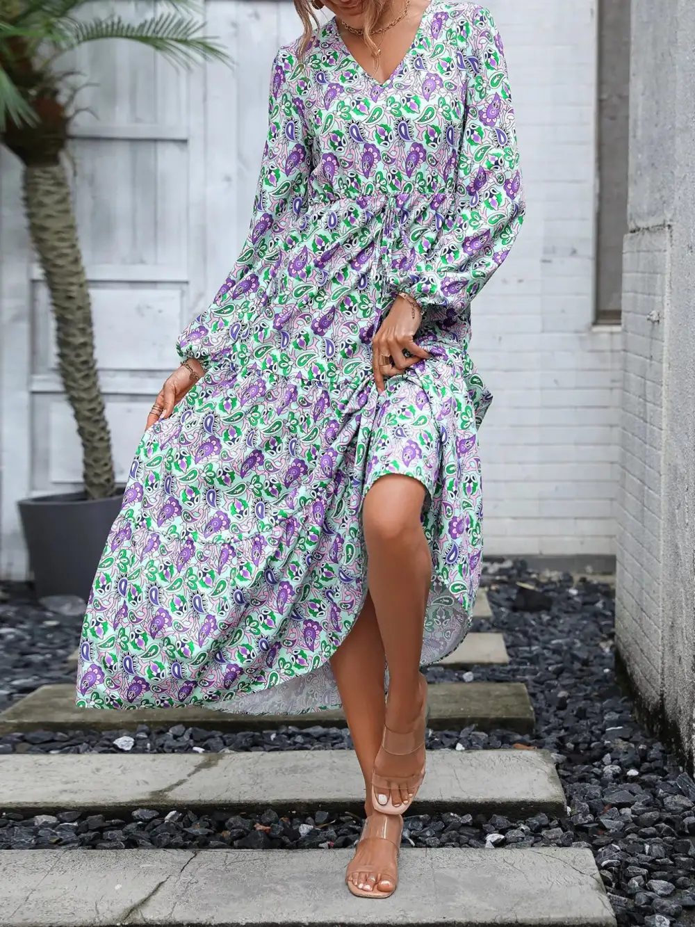 Smooth Finish Printed V Neck Long Sleeve Dress