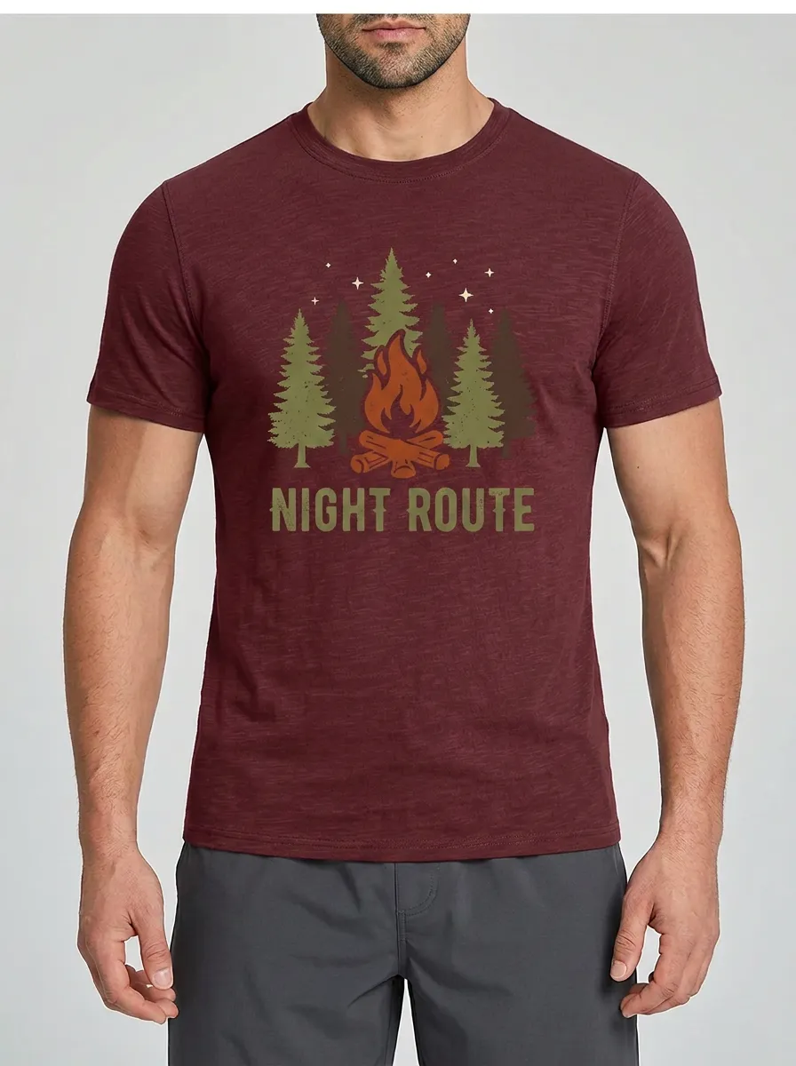Men's Camping Lover Night Route Campfire Pine Trees Printed T-shirt