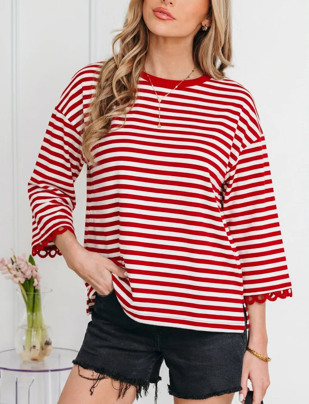 Women's Striped Lace Bracelet Sleeve Top