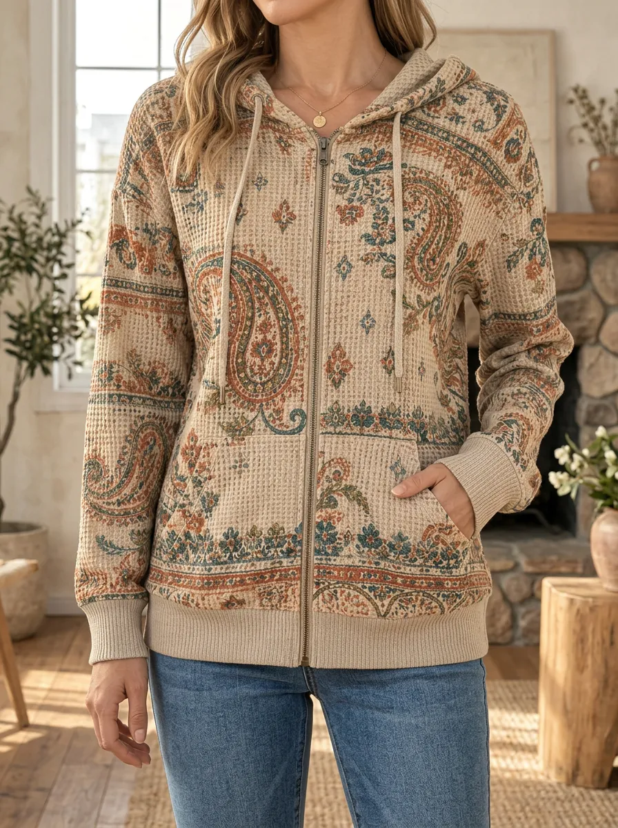 Women's Boho Paisley Pattern Signature Styling Waffle Zip-Up Hoodie