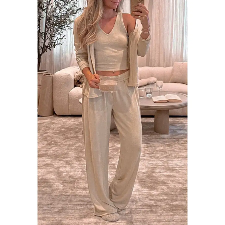 V Neck Tank, Open Front Cardigan and Pants Lounge Set