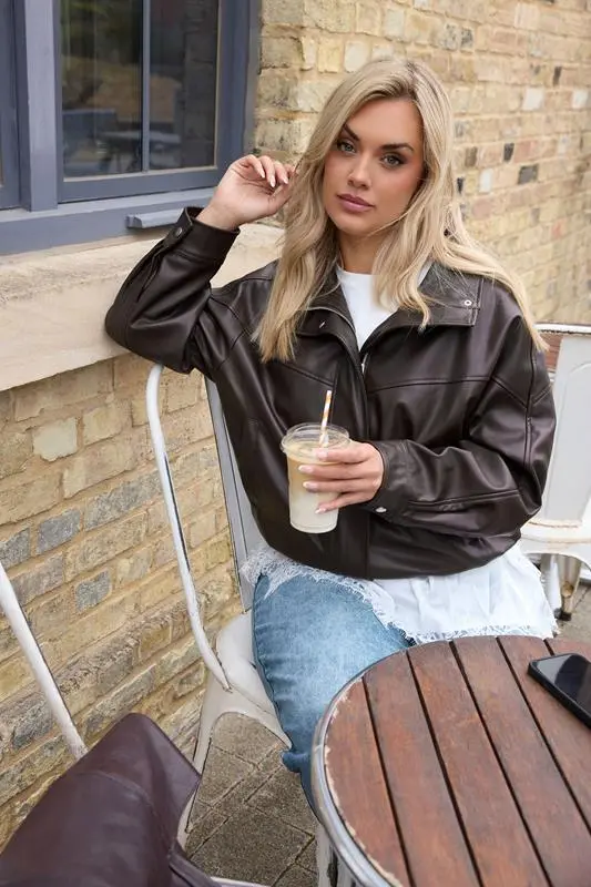 Chocolate Brown Faux Leather Funnel Neck Jacket