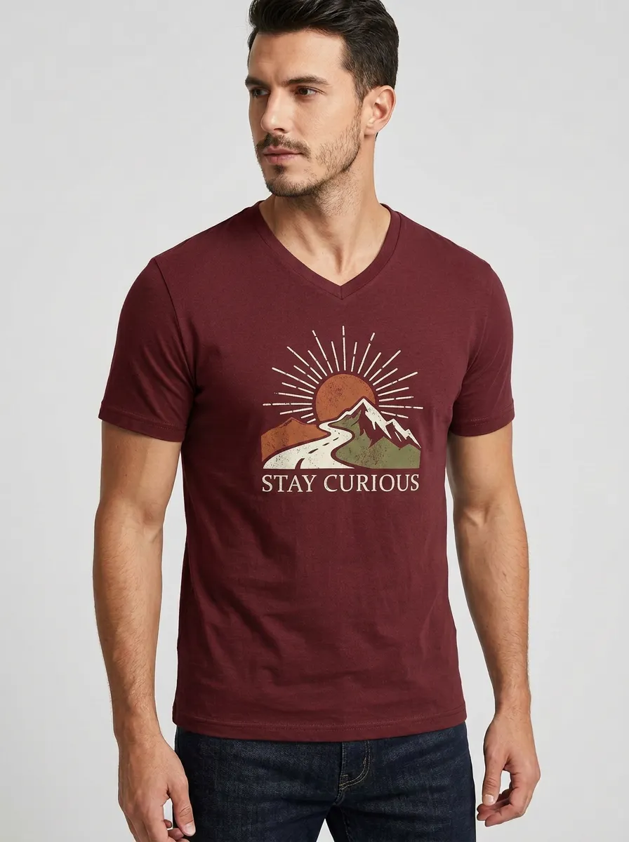 Men's Adventure Nature Lover Stay Curious Mountain Sun Printed V-Neck T-Shirt
