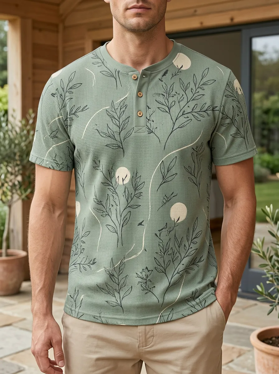 Men's Botanical Moon Print Waffle Knit Henley T-shirt