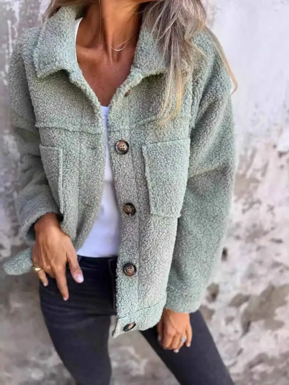 Plus Size Single Breasted Sherpa Shacket