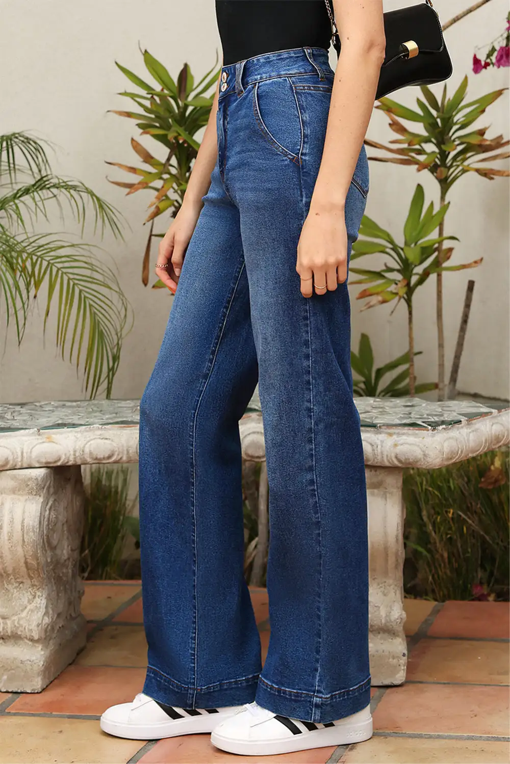 Pocketed Straight Leg Button Denim Jeans