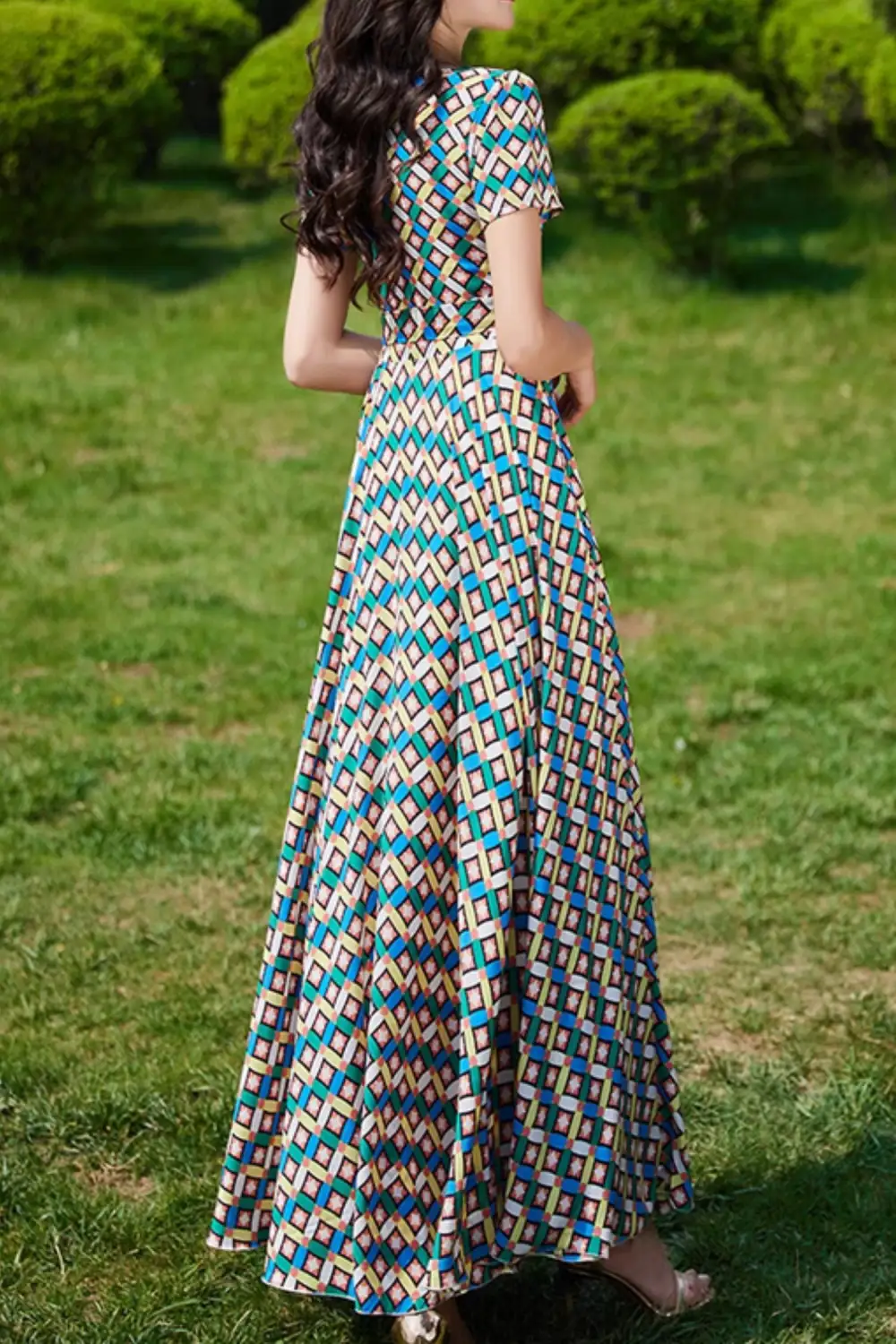Printed Chiffon Fit And Flare Short Sleeve Maxi Dress