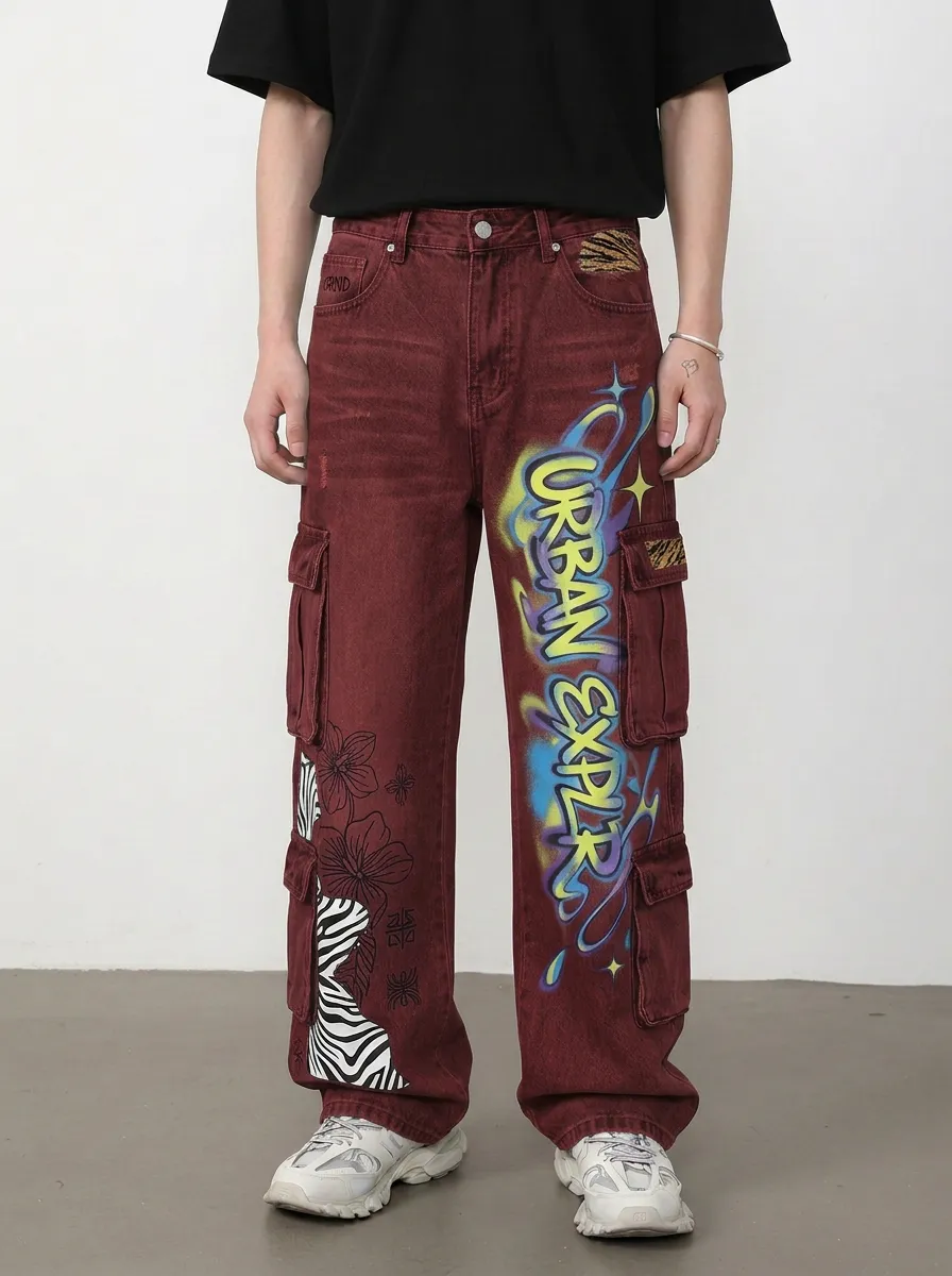 Men's Urban Explorer Graffiti Zebra Floral Graphic Cargo Jeans