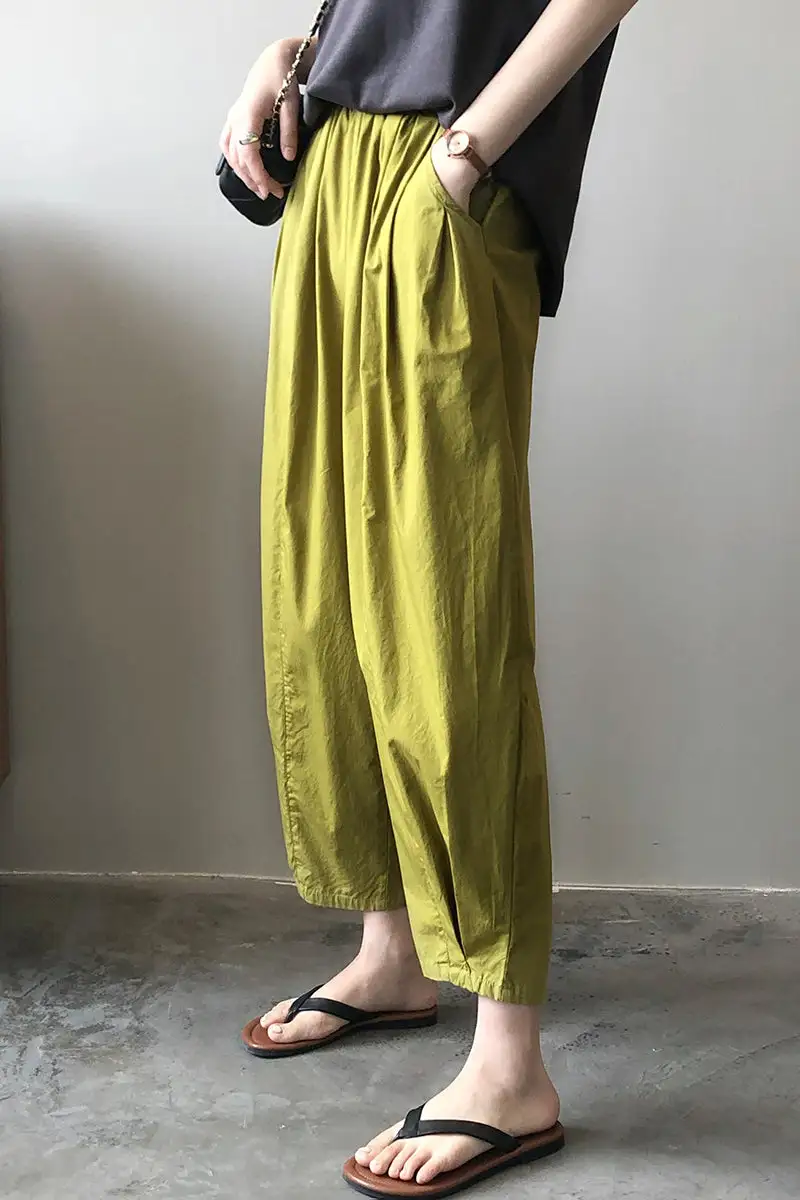 Refined Cotton Wide Leg Elastic Waist Pocketed Trousers