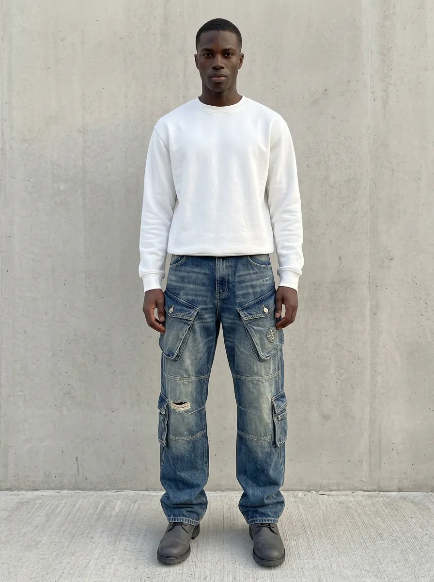 Men's Blue Distressed Multi-Pocket Cargo Cargo Pants