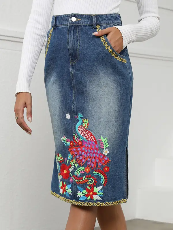 Denim Embroidered Midi Skirt