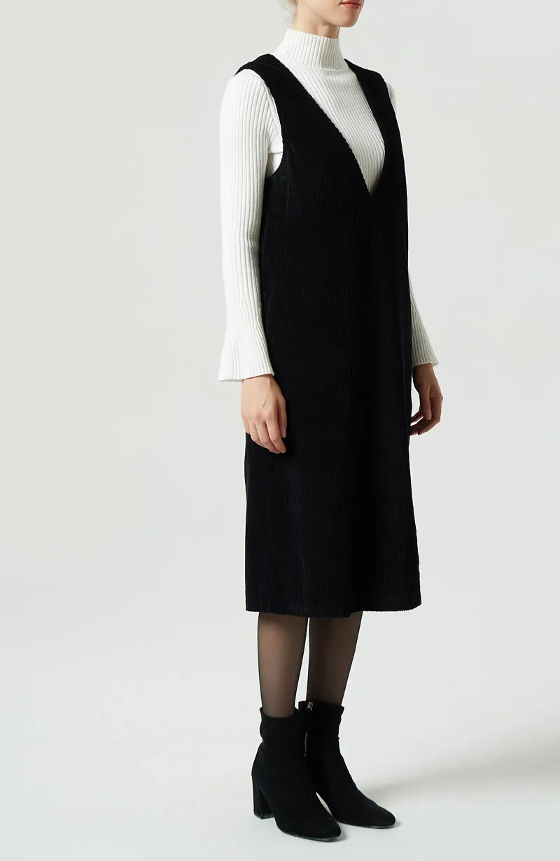 Corduroy V Neck Sleeveless Midi Dress