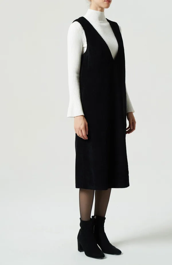 Corduroy V Neck Sleeveless Midi Dress