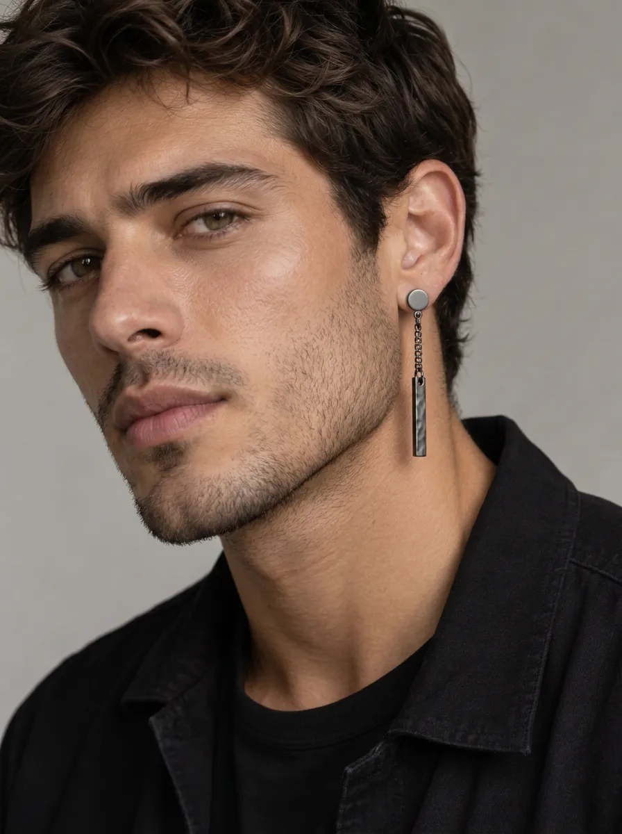 Men's Minimalist Metal Chain Bar Dangle Earring