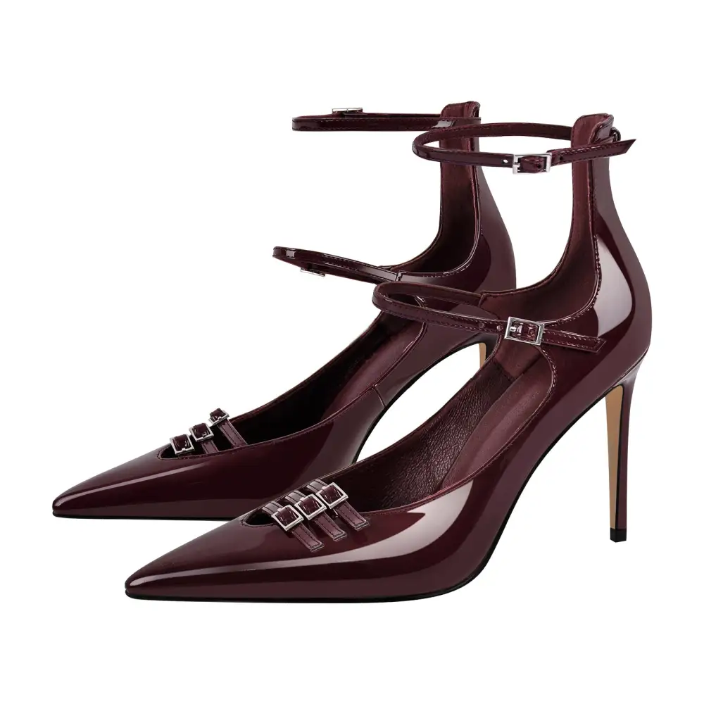 Polished Pointed Toe Stiletto Ankle Strap Pumps