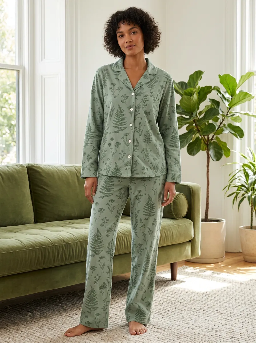 Women's Fern Print Button-Front Loungewear Set