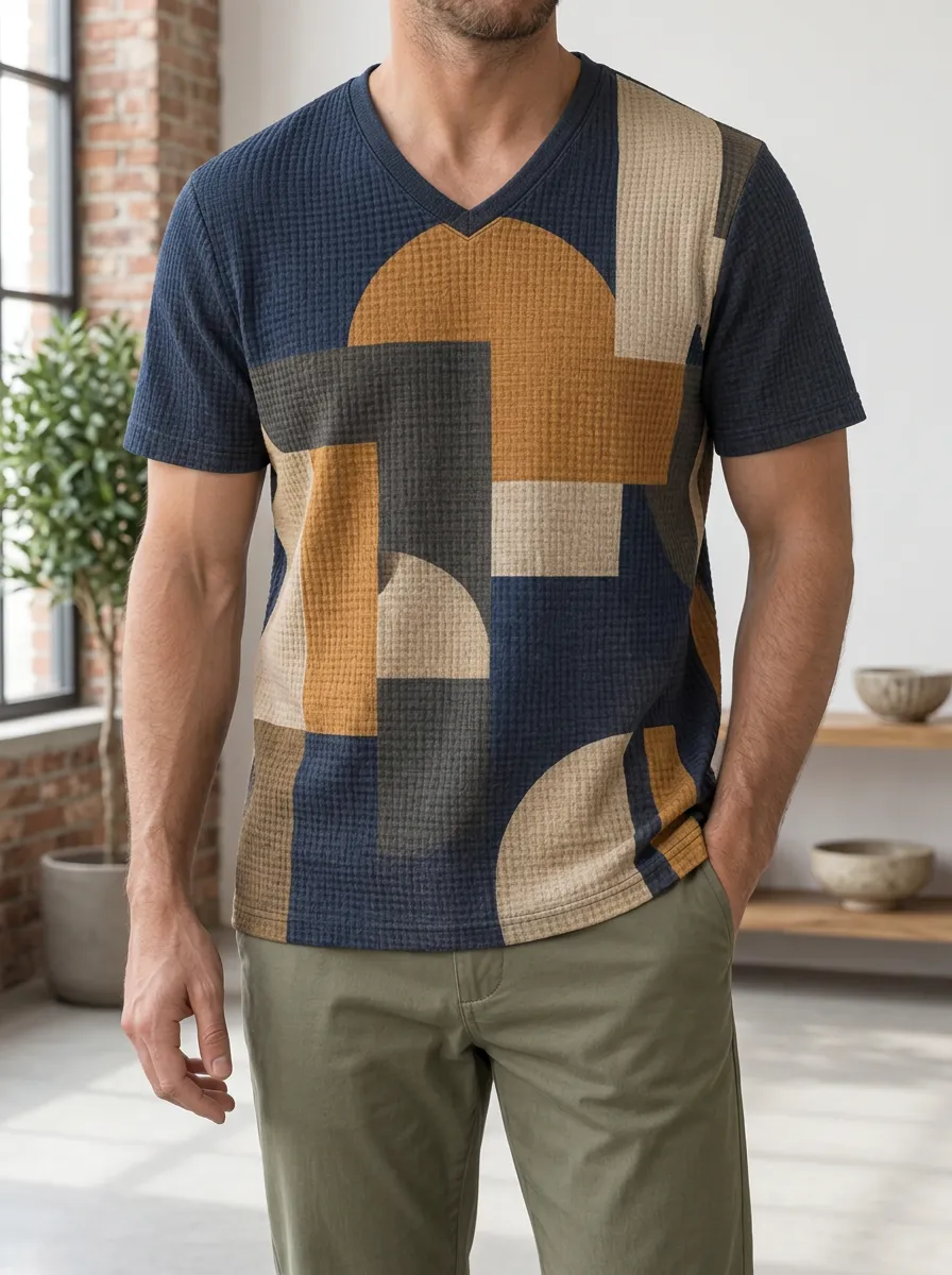 Men's Layered Geometric Abstract Pattern Waffle V-Neck T-Shirt