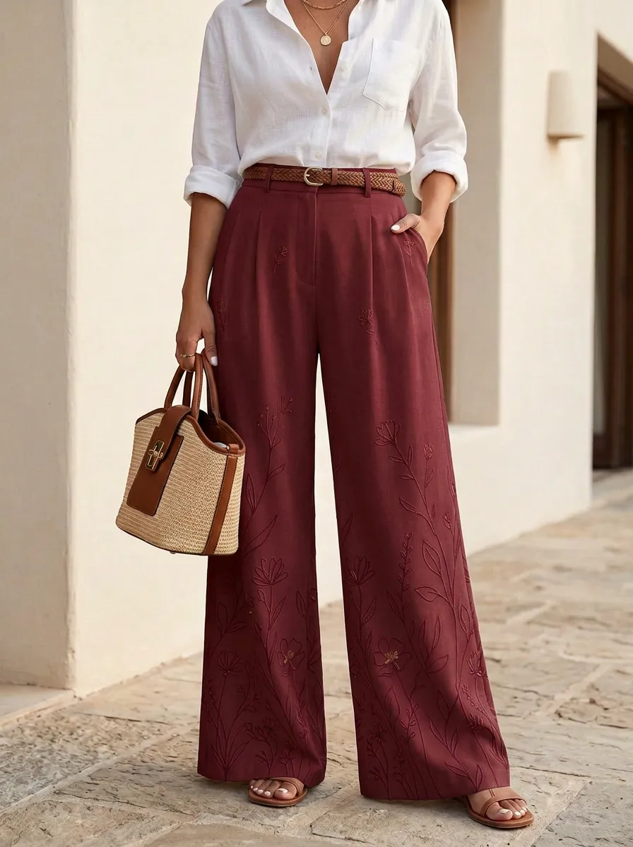 Women's Off-White Floral Embroidered Blue High-Waisted Wide-Leg Trousers