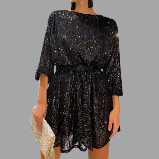Women's Long-Sleeve Sequin Pleated Cocktail Mini Dress