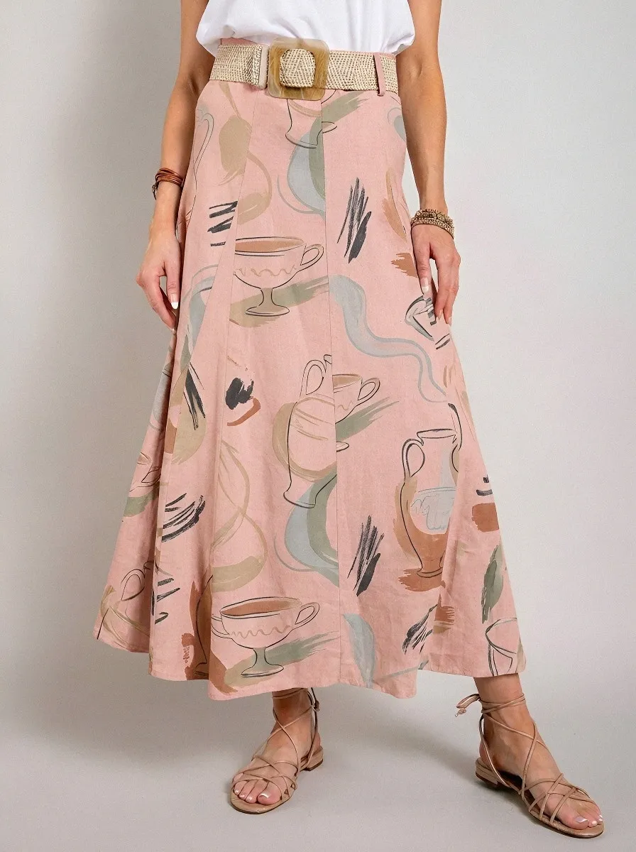 Women's Greek Pottery Art Abstract Vase Printed Midi Skirt