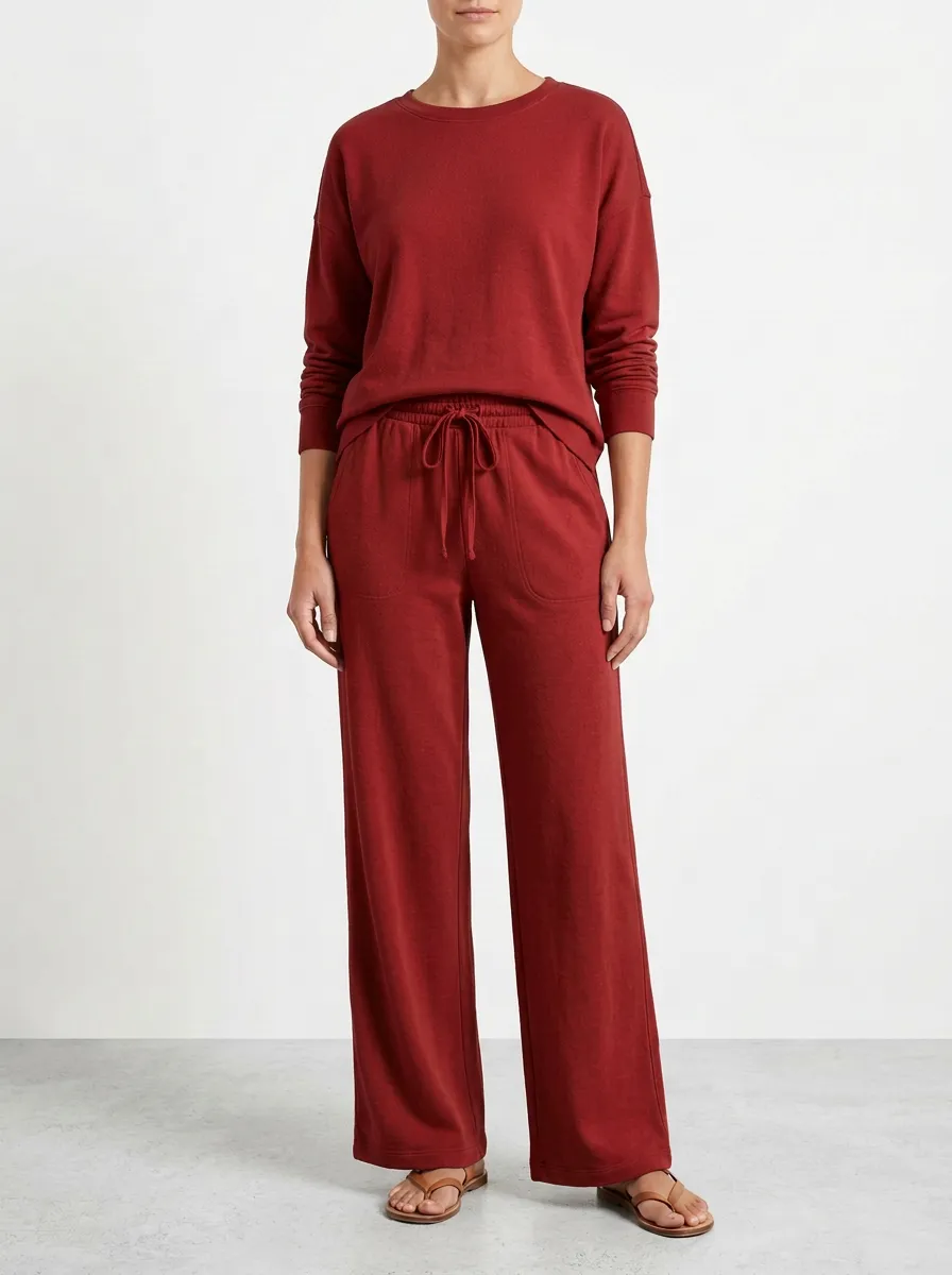 Women's Long-Sleeve Crewneck Pullover And Drawstring Wide-Leg Trouser Lounge Set