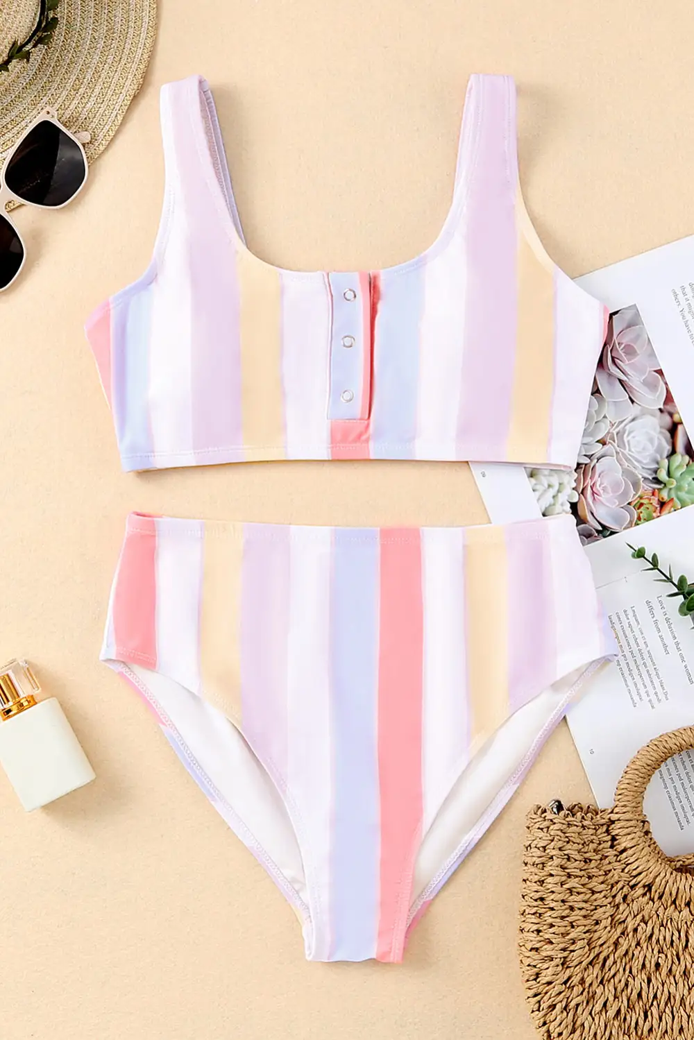 Swimwear Striped Button Bodycom Party Bikinis Snap Buttons Striped Print Two-piece Bikini