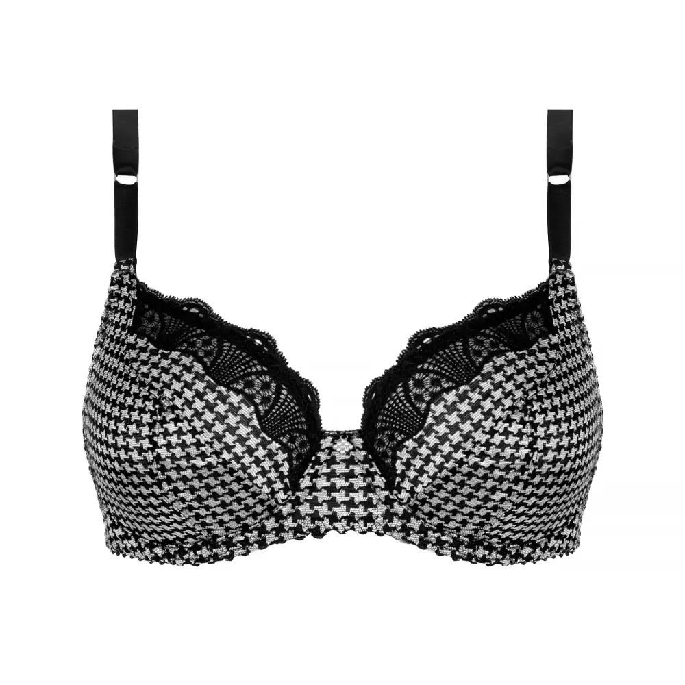 Women's Full Coverage Underwire Three-Part Cup Leotard Back Adjustable Straps Scalloped Lace Jacquard Decorative Stone Bra