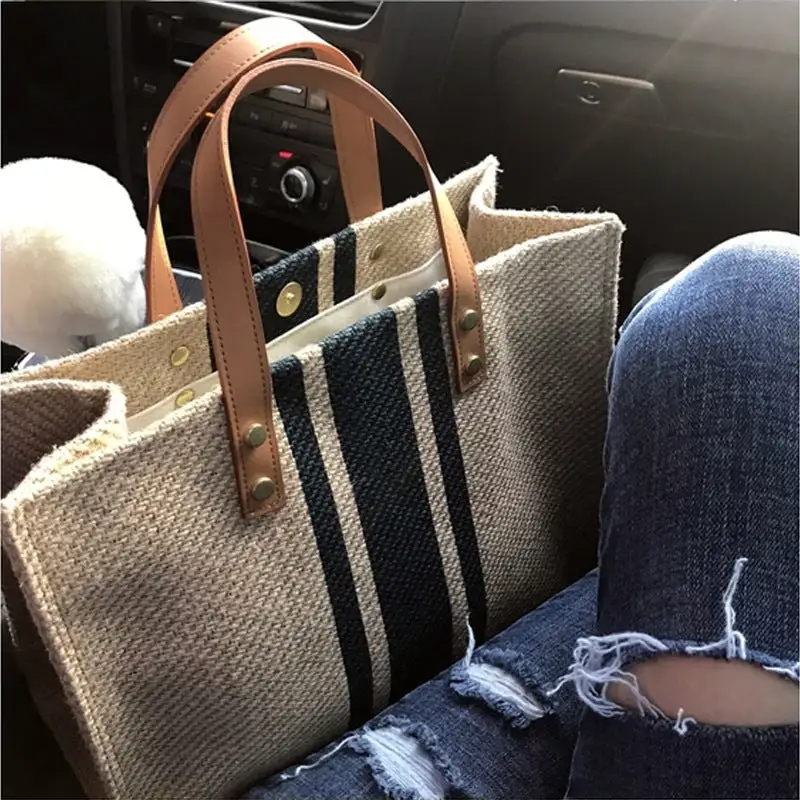 Commuter Roomy Canvas Striped Tote Bag