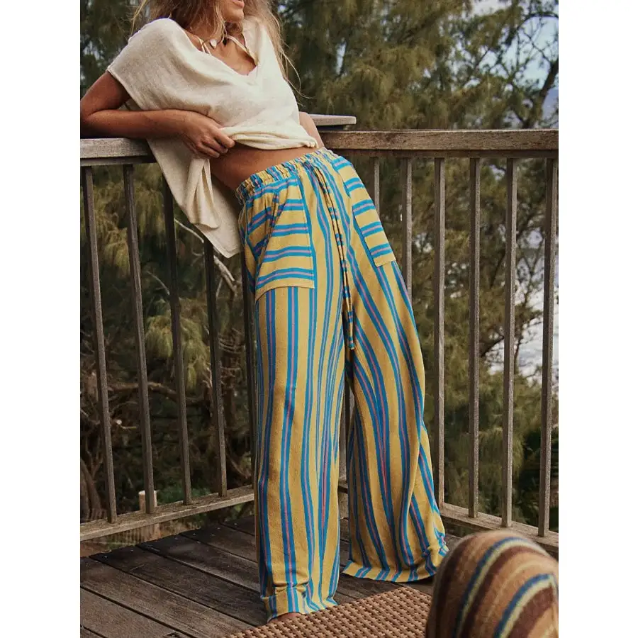 Relaxed Striped Wide Leg Drawstring Pants