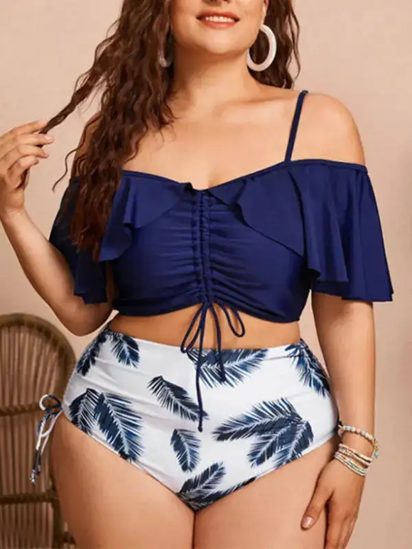 Plus Size Drawstring Ruffle Bikini Swim Set