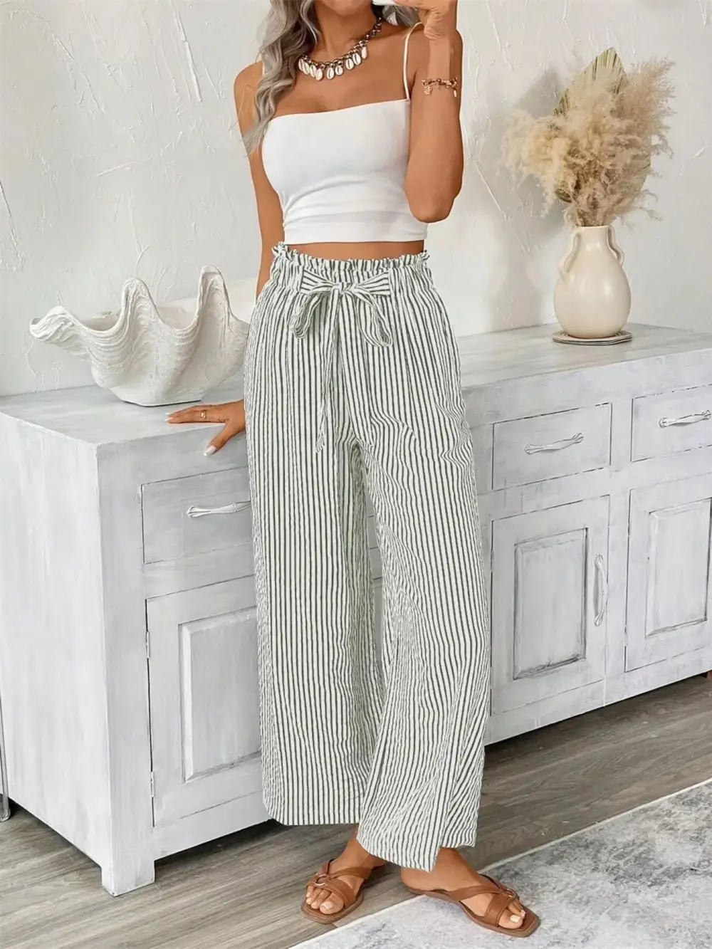 Wide Leg Paperbag Waist Striped Cropped Pants