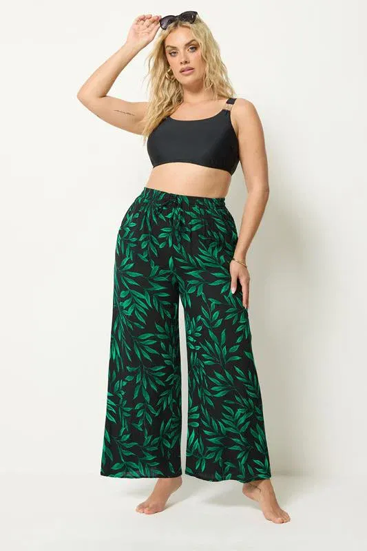 Black & Green Leaf Print Crinkle Beachwear Wide Leg Trousers