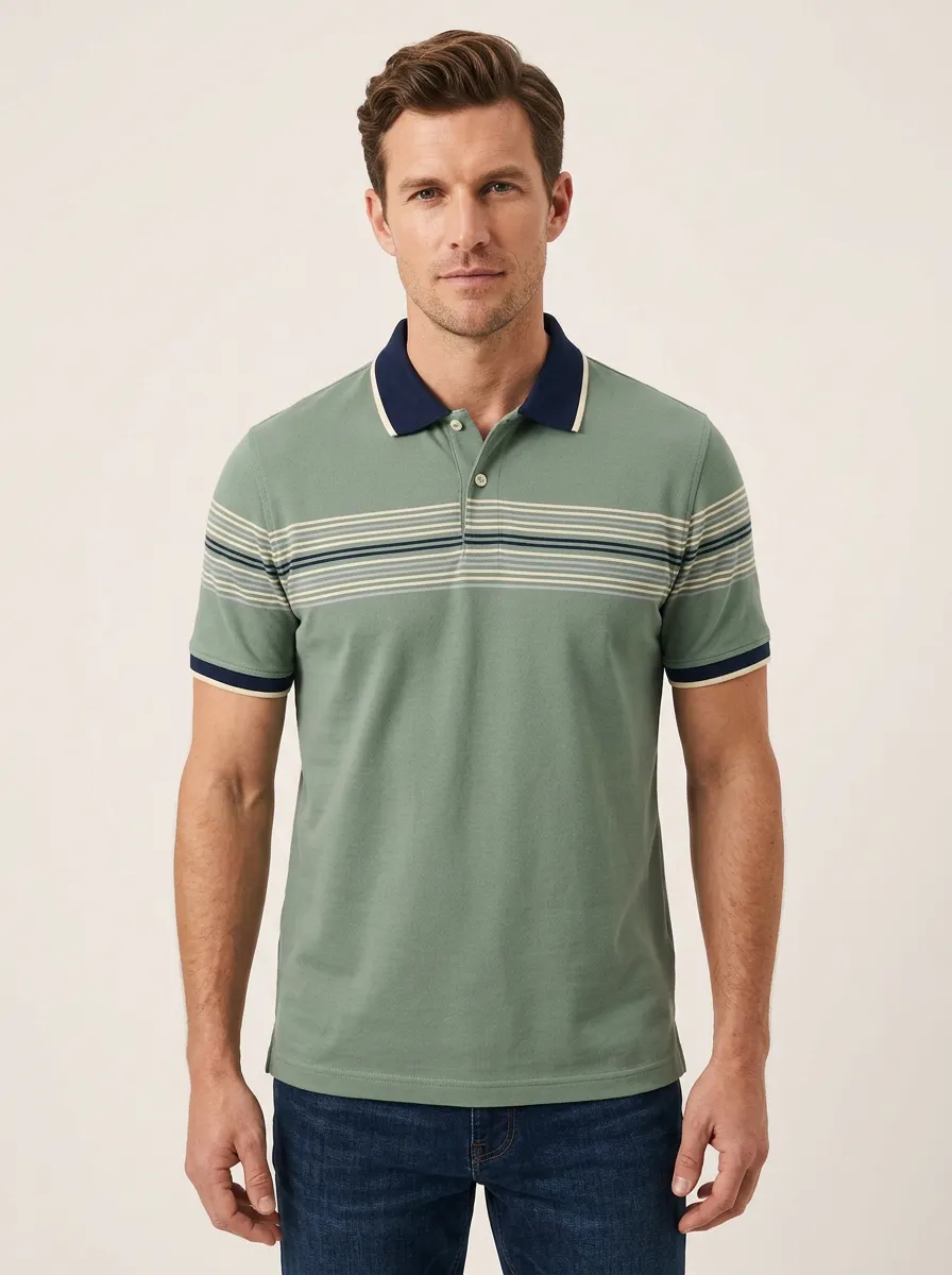 Men's Casual Style Green Striped Chest Printed Polo Shirt