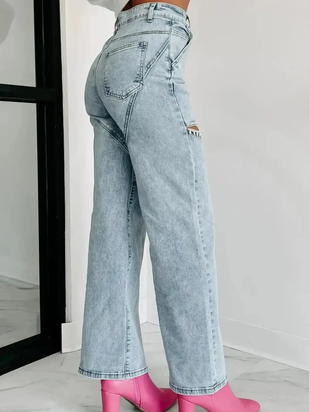 Ribbed Elastic Waist Denim Jeans