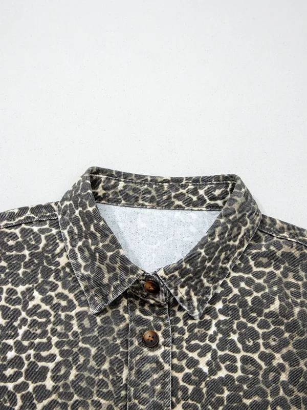 Leopard Print Short-Sleeve Denim Shirt