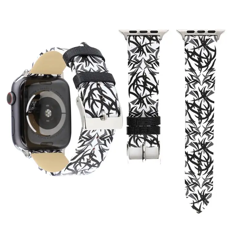 Thorns Printing Genuine Leather Watch Band for Watch Series 7 45 mm / 6 & SE & 5 & 4 44 mm / 3 & 2 & 1 42 mm - Black White